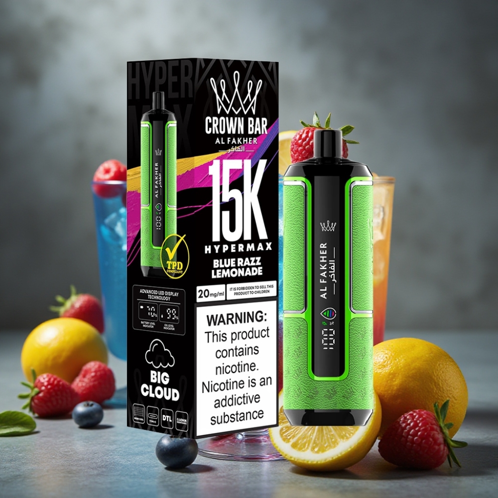 Al Fakher Crown Bar 15K Hypermax Disposable Vape Kit Modrý Malinový Limonádový