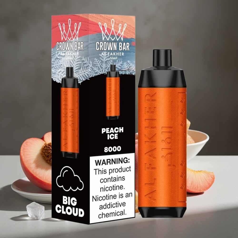 Al Fakher Crown Bar 8000 Crystal Jednorázová E-Cigareta Broskyňa Ľadová – 18ml, 8000 Ťahov, USB-C