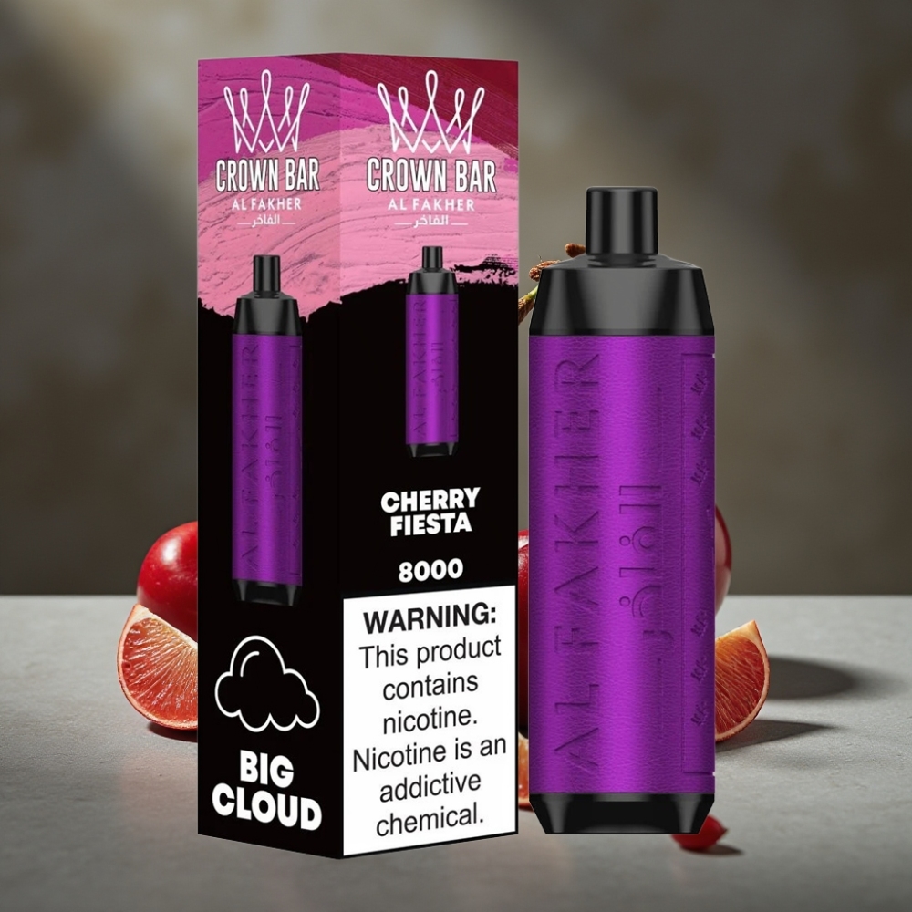 Al Fakher Crown Bar 8000 Crystal Jednorazová Vape Čerešňová Fiesta – 18ml, 8000 potiahnutí, USB-C