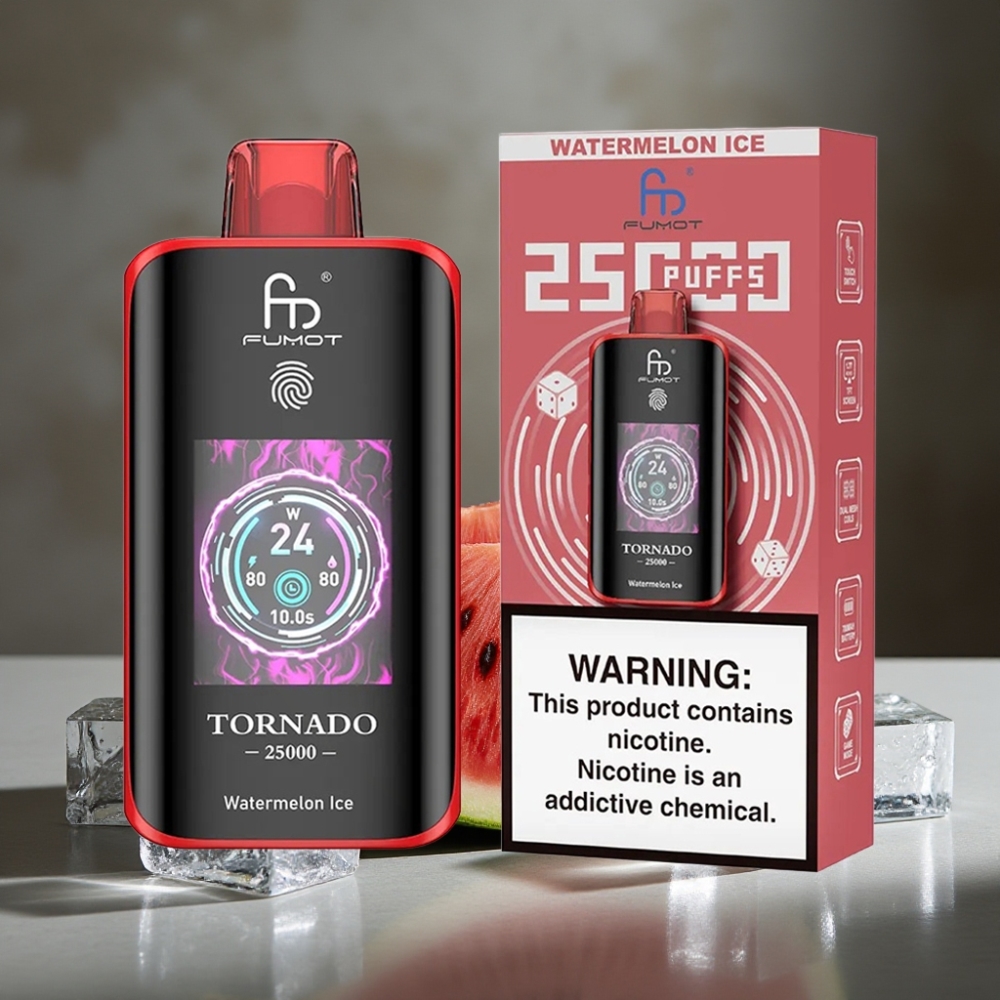 Fumot Tornado 25000 Puffs Disposable Vape HD Bildschirm 700mAh Batéria Vodný Melón Ľad