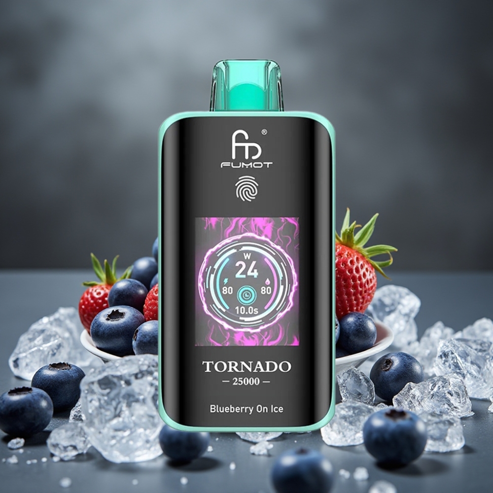 Fumot Tornado 25000 Puffs Disposable Vape Čučoriedka na ľade s HD obrazovkou a 700mAh batériou