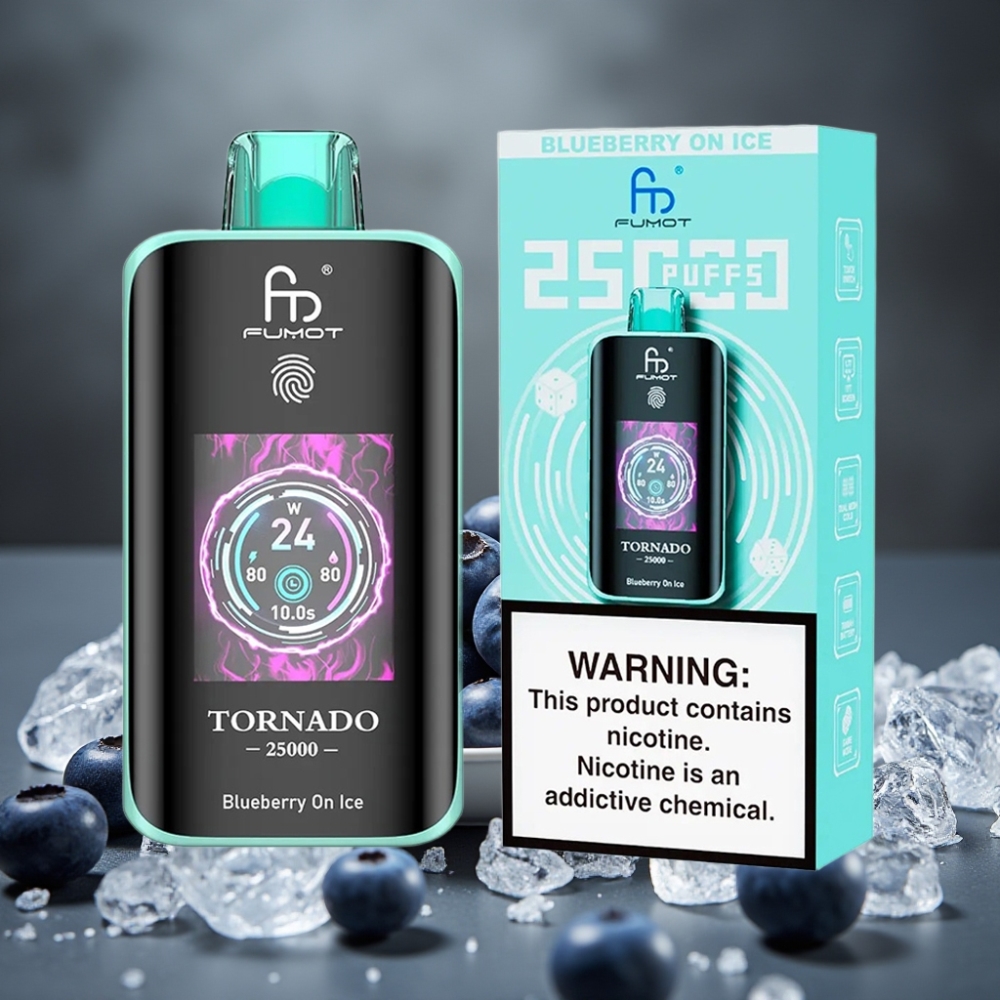 Fumot Tornado 25000 Puffs Disposable Vape Čučoriedka na ľade s HD obrazovkou a 700mAh batériou