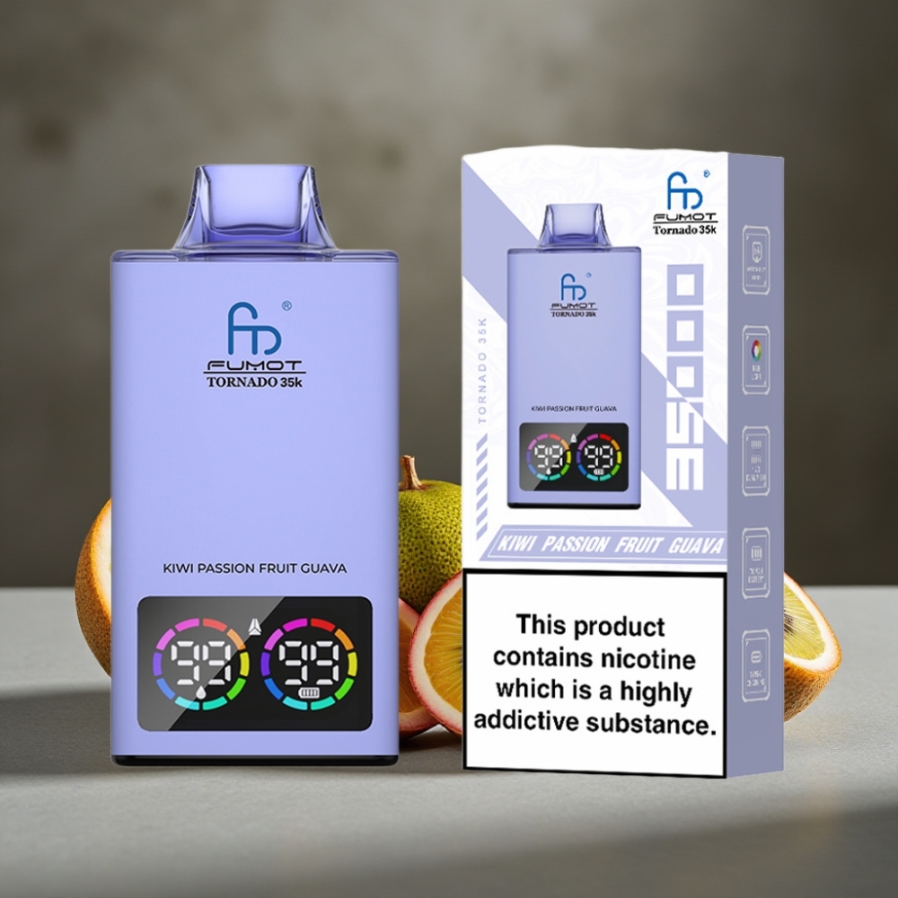 Fumot Tornado 35K Disposable Vape – Kiwi Maracuja Guava, Duálna Mriežka, RGB, 15ml, USB-C