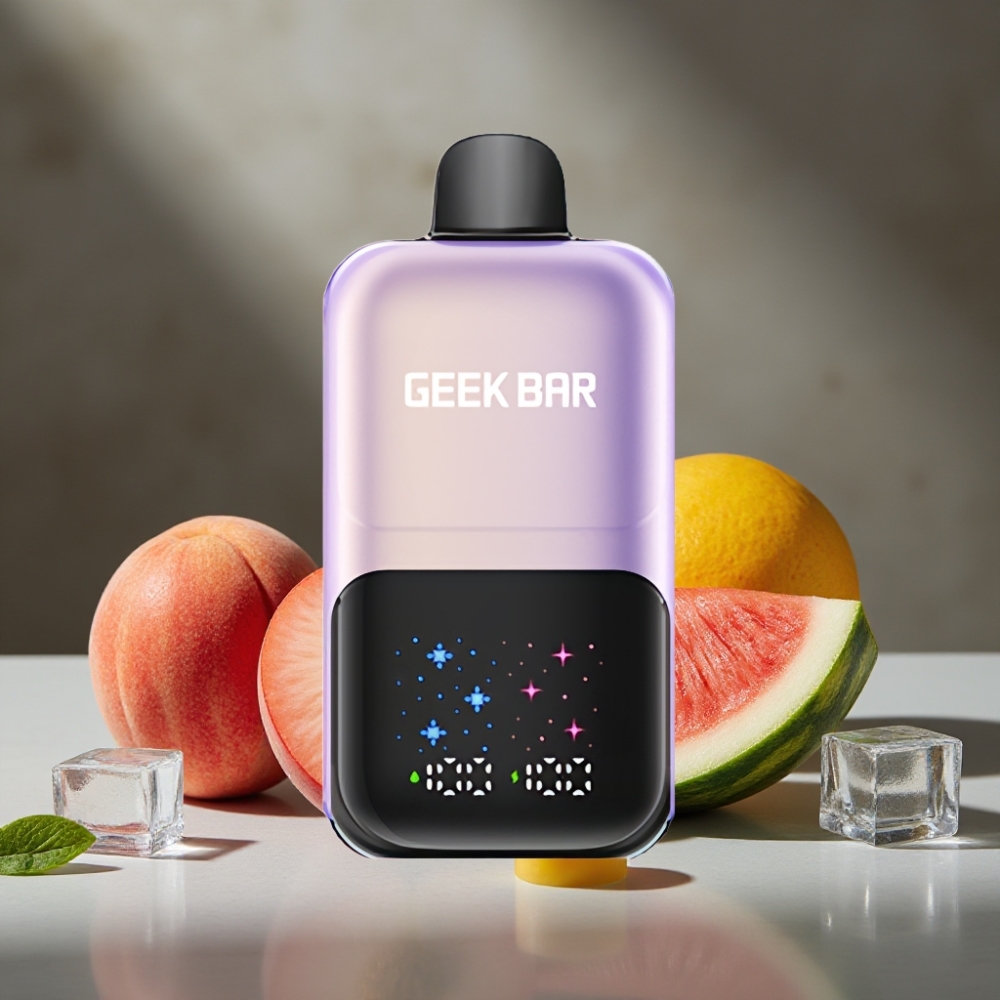 GEEK BAR 2GO 20ml 50000 Púfov Dvojitá Nádrž Broskyňa Mangov Melón Ice