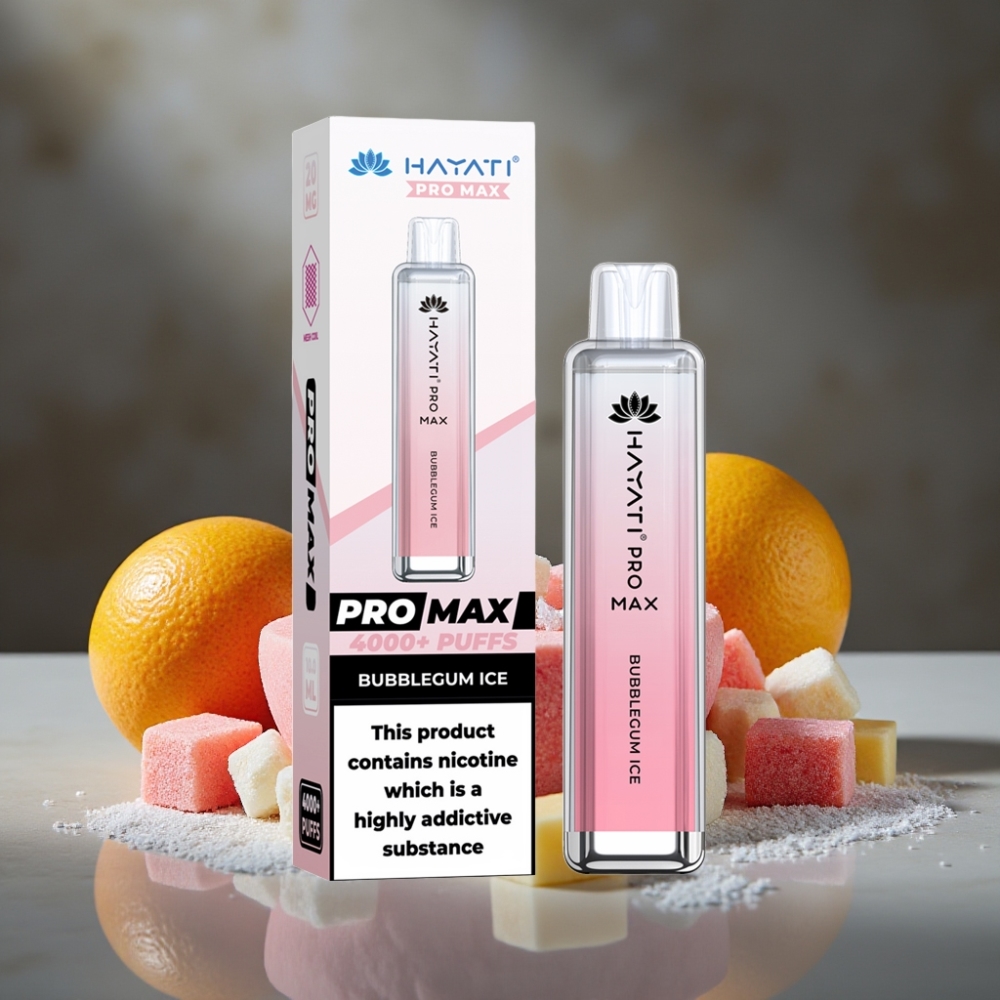 Hayati Pro Max 4000 Puffs Disposable Vape Bubblegum Ľadový (28x28x120mm, 1400mAh, Dual 1.1 Ohm Mesh)
