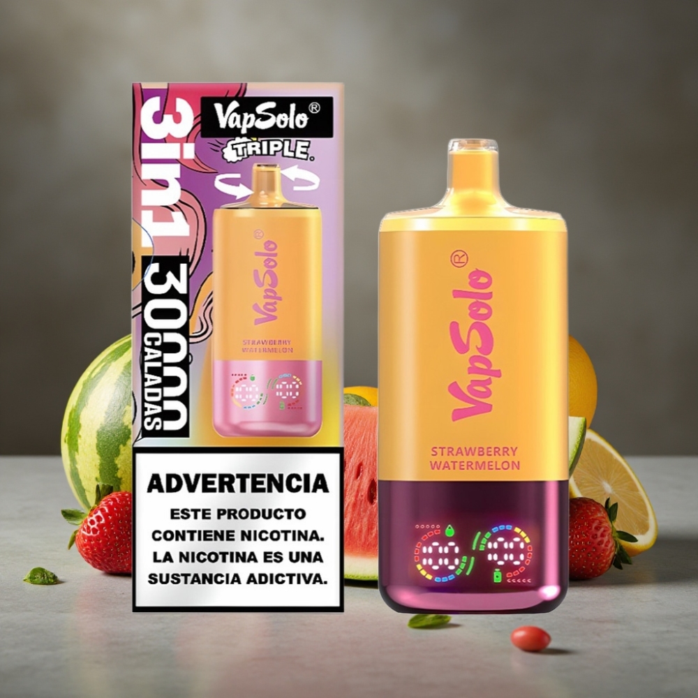 VapSolo Triple 30000 Puffs Jednorázová E-Cigareta Jahoda Melón & Citrón Broskyňa