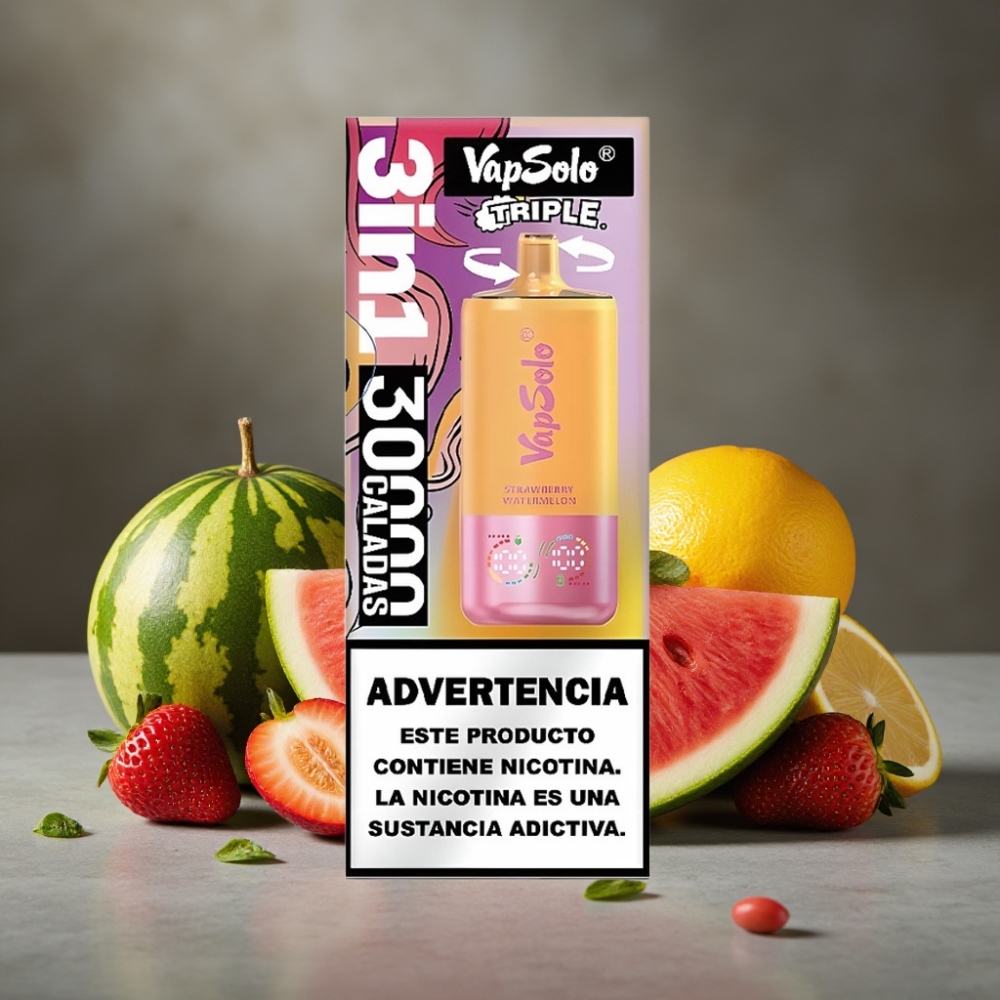 VapSolo Triple 30000 Puffs Jednorázová E-Cigareta Jahoda Melón & Citrón Broskyňa